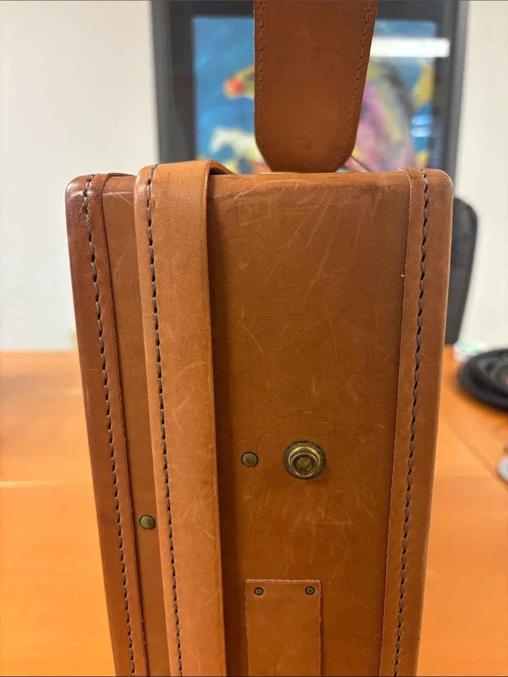 Tumbled Brown Leather Briefcase with Top Handle